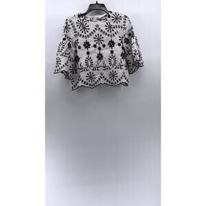 ZARA TRAFALUC Women's White-Black Embroidered Floral Short Sleeve Top SZ M